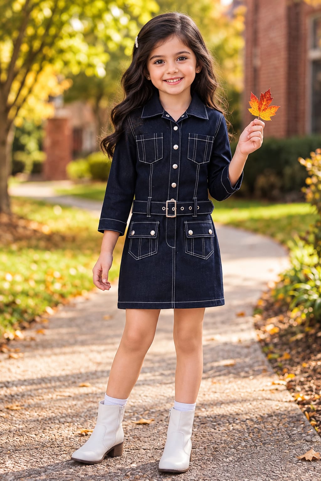 Girls' Dark Indigo Belted Denim Shirt Dress.