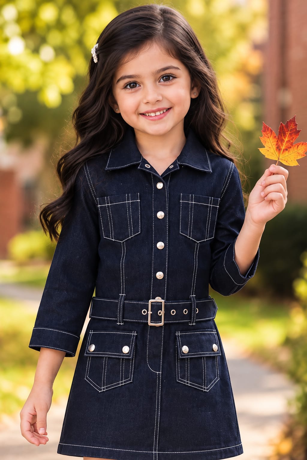 Girls' Dark Indigo Belted Denim Shirt Dress.