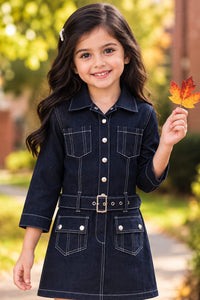 Girls' Dark Indigo Belted Denim Shirt Dress.