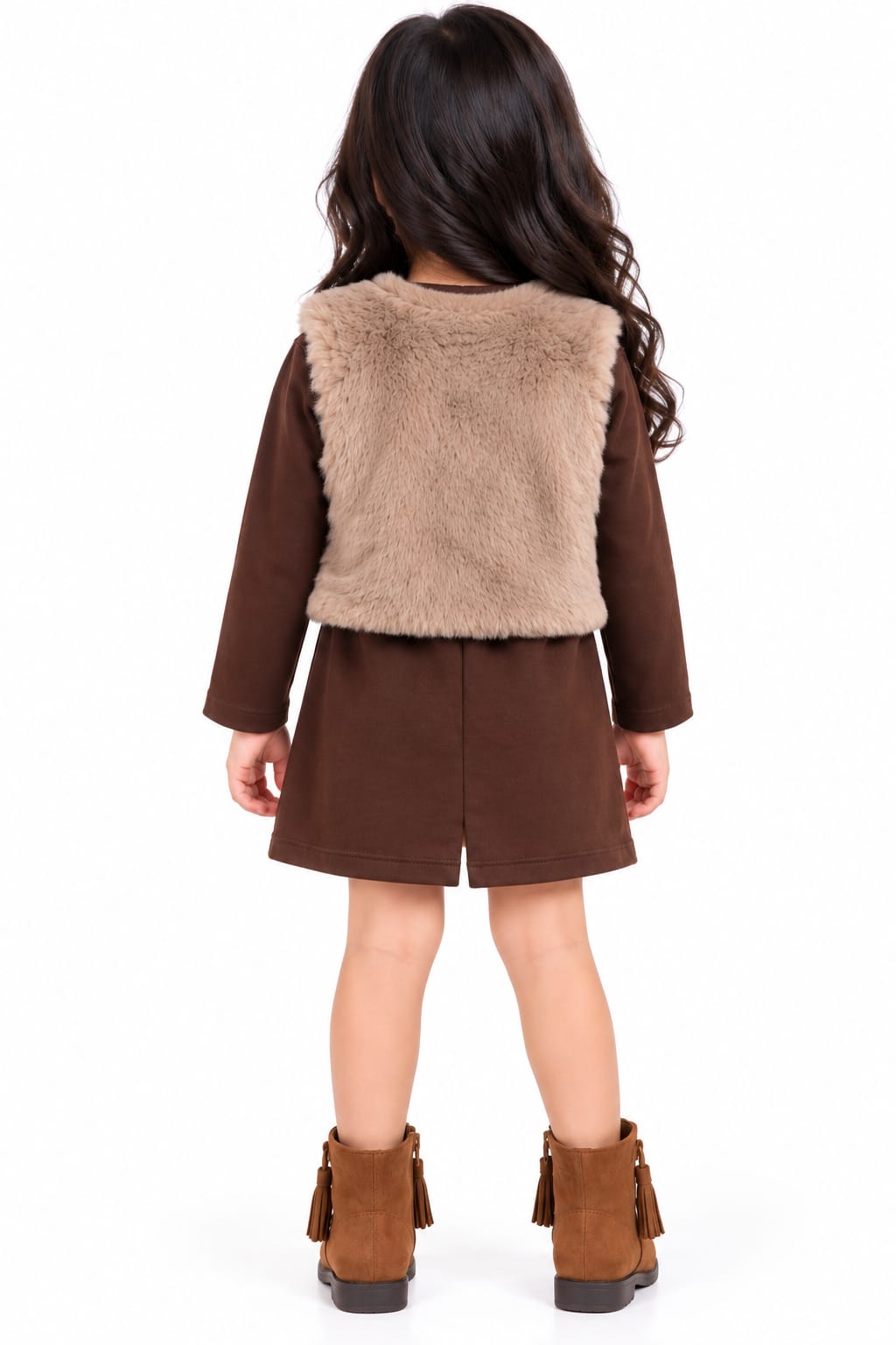 Girls' Dark Brown Full-Sleeve Dress with Faux Fur Bunny Jacket.