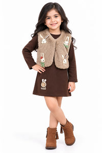 Girls' Dark Brown Full-Sleeve Dress with Faux Fur Bunny Jacket.