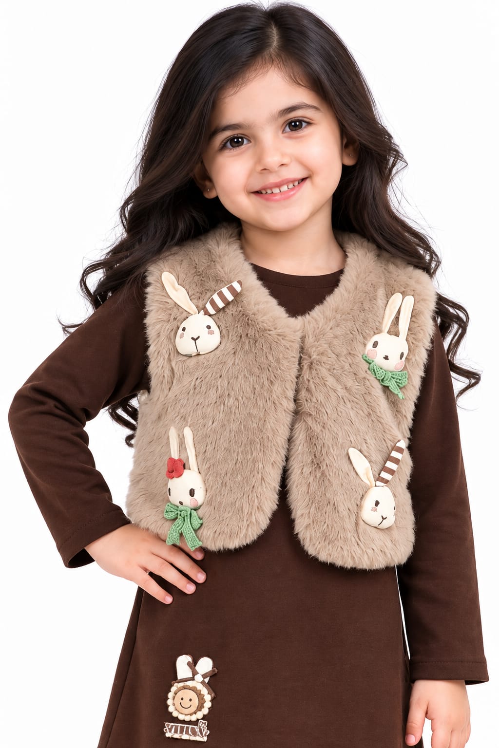 Girls' Dark Brown Full-Sleeve Dress with Faux Fur Bunny Jacket.