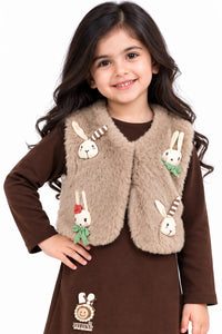 Girls' Dark Brown Full-Sleeve Dress with Faux Fur Bunny Jacket.