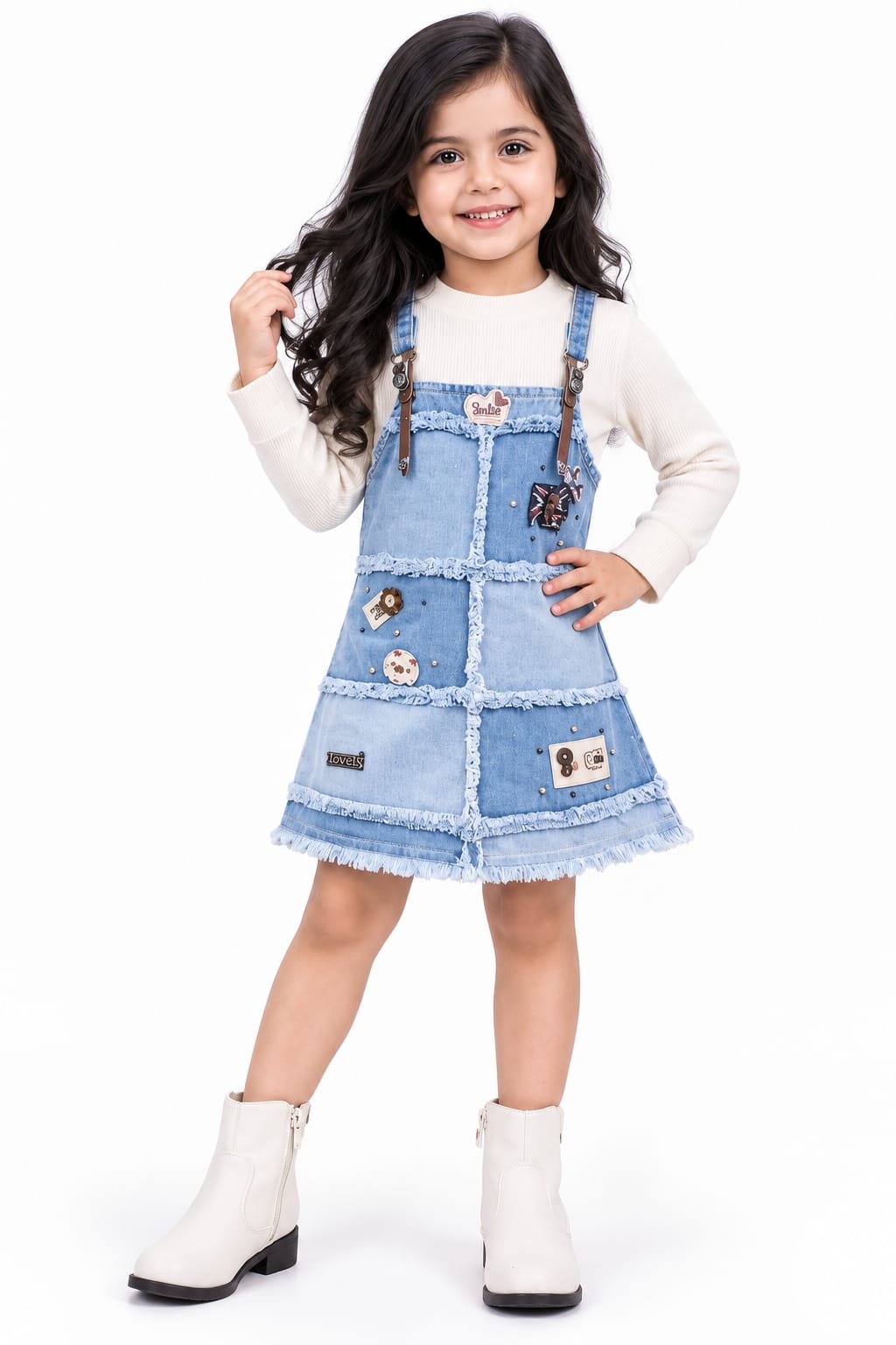 Girls' Patchwork Denim Pinafore Dress & Full-Sleeve Top Set.