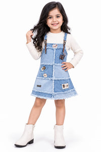 Girls' Patchwork Denim Pinafore Dress & Full-Sleeve Top Set.