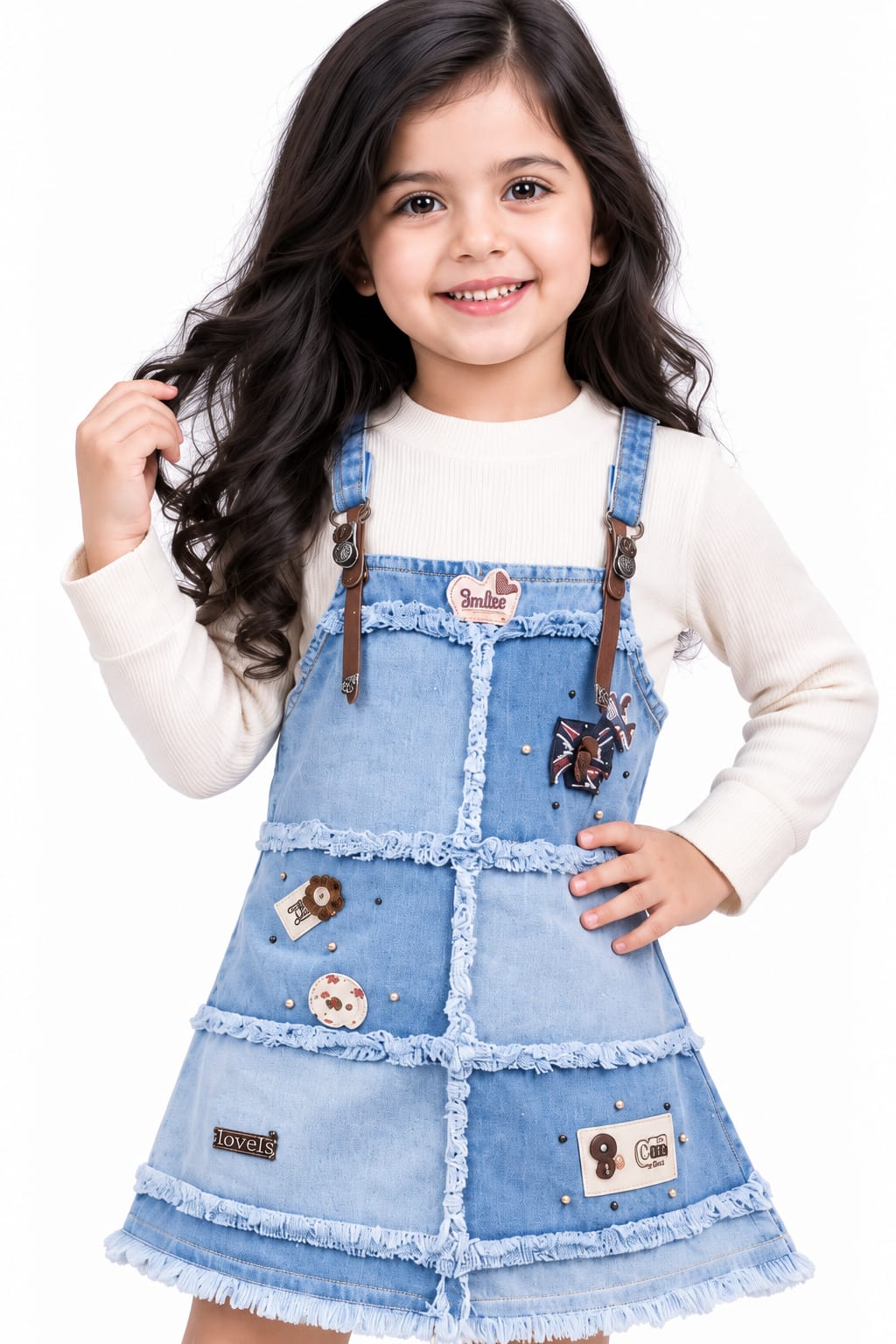 Girls' Patchwork Denim Pinafore Dress & Full-Sleeve Top Set.