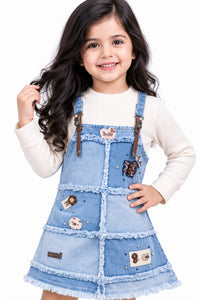 Girls' Patchwork Denim Pinafore Dress & Full-Sleeve Top Set.