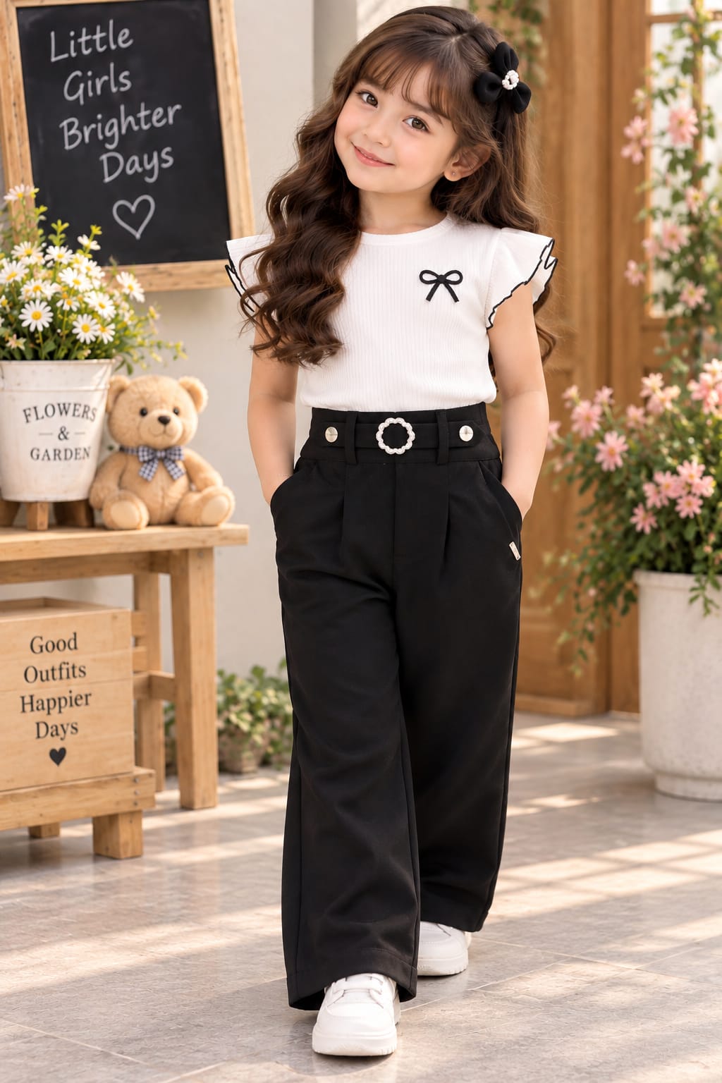Girls' Black Pearl-Buckle Belted Wide-Leg Trousers.