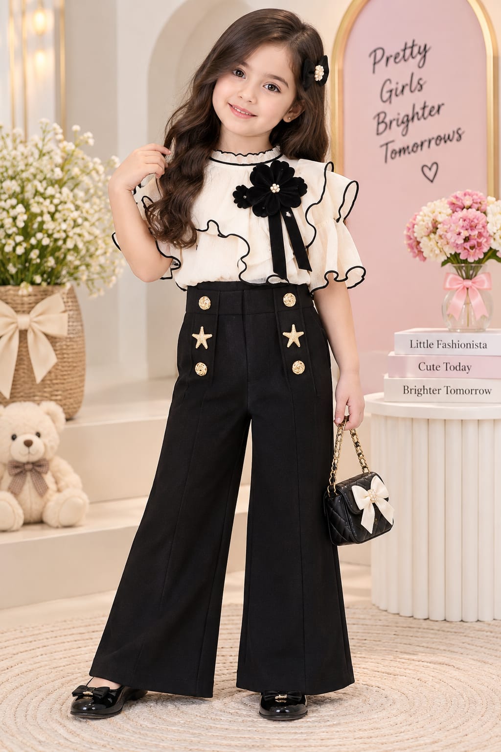 Girls' Black Gold-Button & Star Embellished Wide-Leg Trousers.