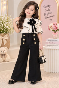 Girls' Black Gold-Button & Star Embellished Wide-Leg Trousers.