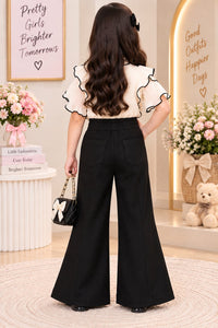 Girls' Black Gold-Button & Star Embellished Wide-Leg Trousers.