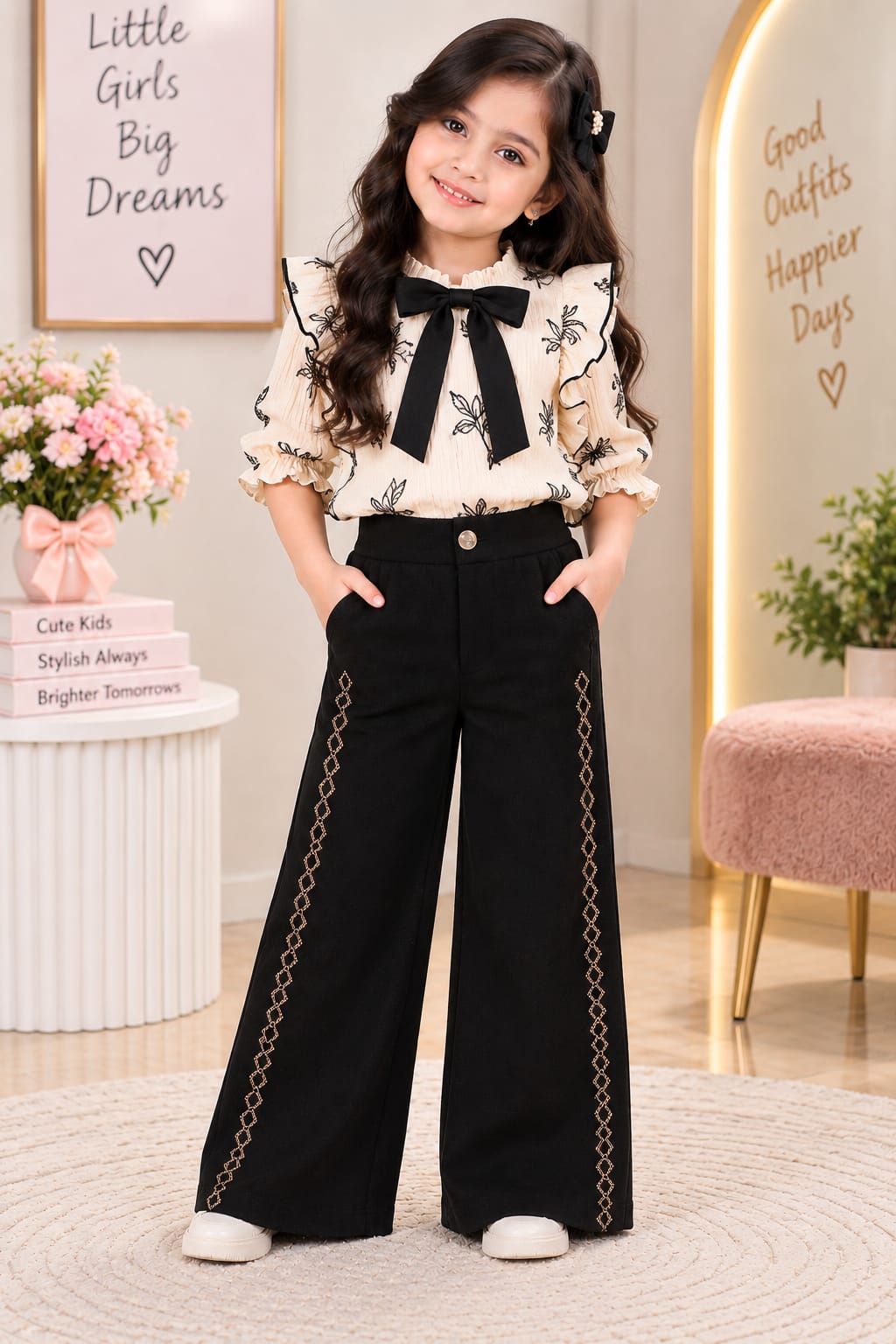Girls' Black Rhinestone-Embellished Wide-Leg Trousers.