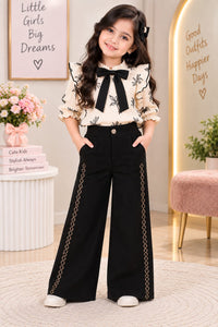 Girls' Black Rhinestone-Embellished Wide-Leg Trousers.