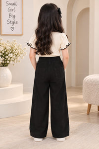 Girls' Black Rhinestone-Embellished Wide-Leg Trousers.