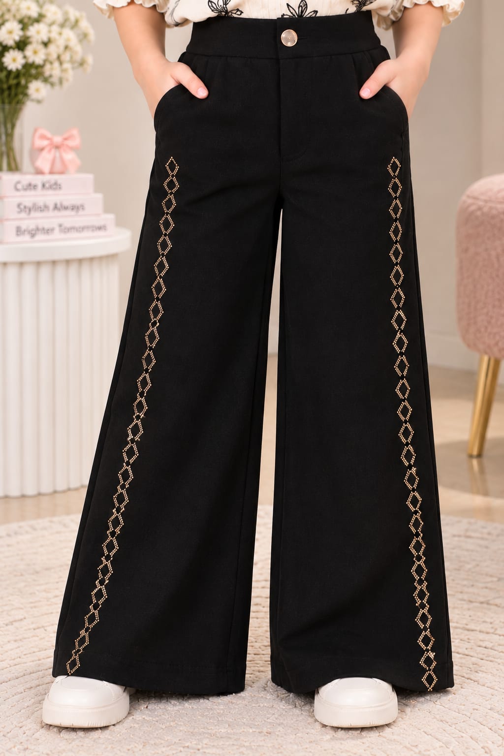 Girls' Black Rhinestone-Embellished Wide-Leg Trousers.