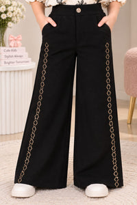 Girls' Black Rhinestone-Embellished Wide-Leg Trousers.