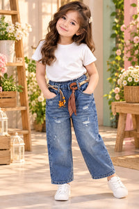 Girls' Medium-Wash Distressed Wide-Leg Belted Jeans.