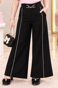 Girls' Black Pearl-Piping Wide-Leg Trousers.