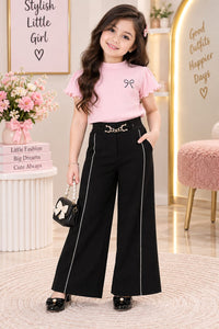 Girls' Black Pearl-Piping Wide-Leg Trousers.