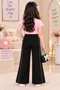 Girls' Black Pearl-Piping Wide-Leg Trousers.
