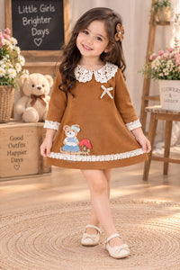 Girls' Tan Brown Lace-Collar Teddy Bear Patch Dress.
