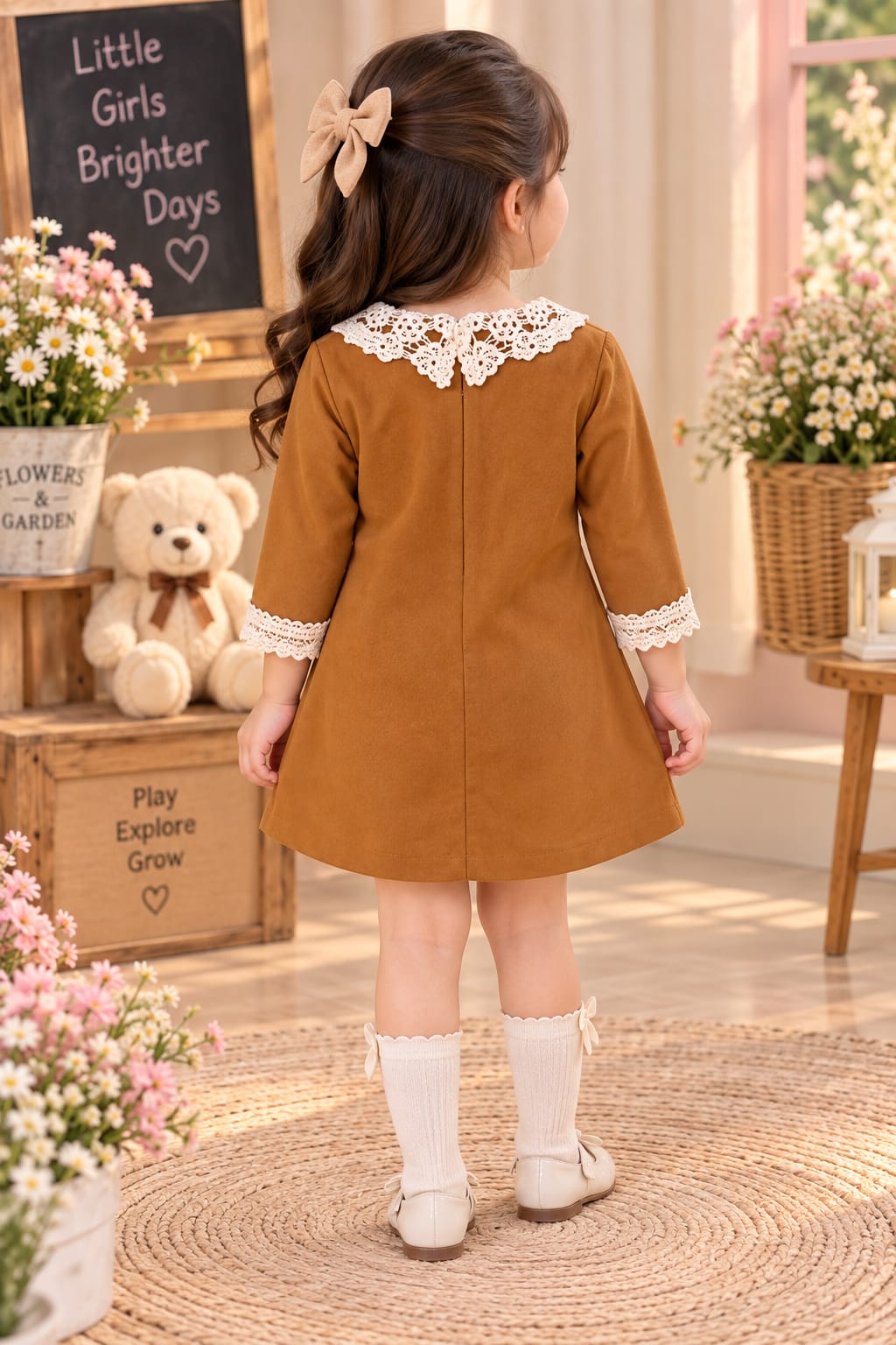 Girls' Tan Brown Lace-Collar Teddy Bear Patch Dress.