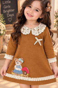 Girls' Tan Brown Lace-Collar Teddy Bear Patch Dress.