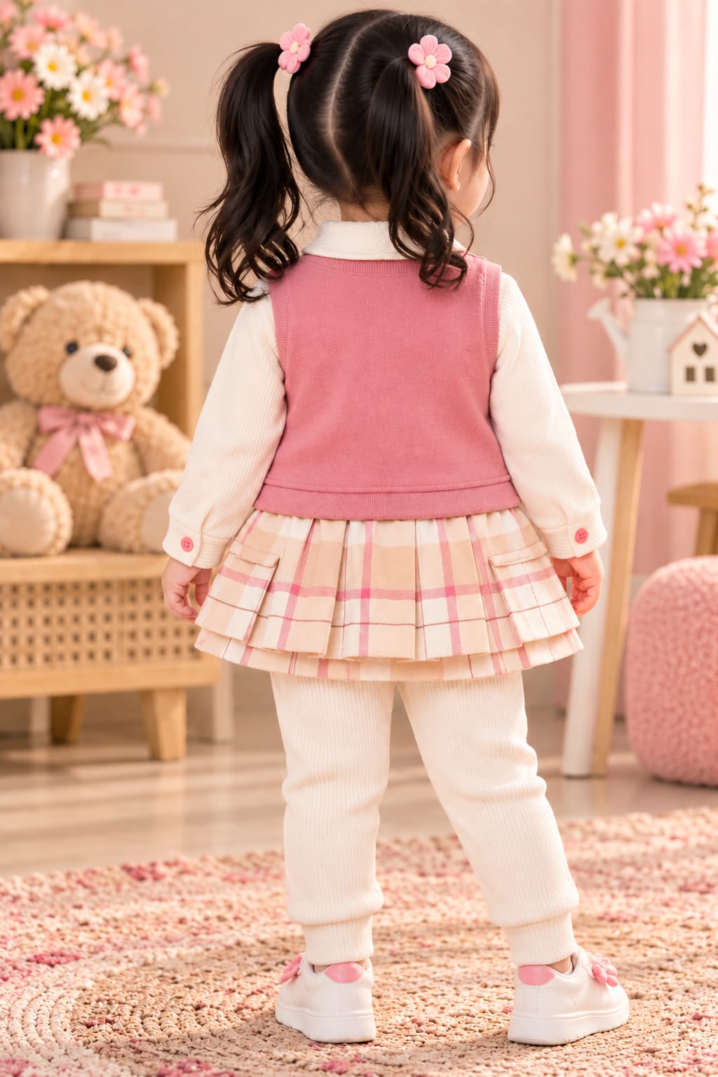 Girls' Dusty Pink Vest & Plaid Layered Dress Set with Leggings.