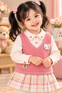 Girls' Dusty Pink Vest & Plaid Layered Dress Set with Leggings.
