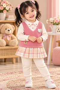 Girls' Dusty Pink Vest & Plaid Layered Dress Set with Leggings.