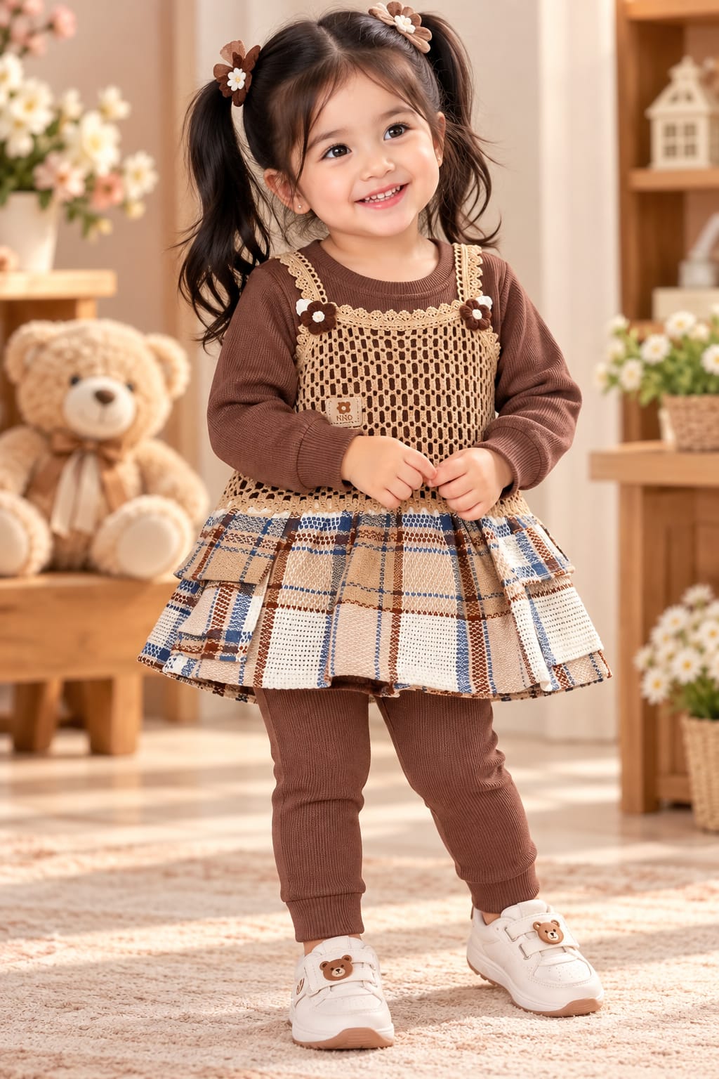 Girls' Brown Plaid Layered Crochet Dress & Leggings Two-Piece Set.