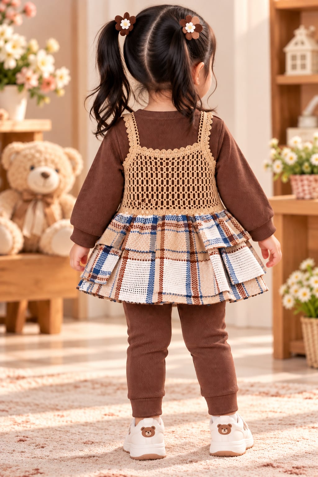 Girls' Brown Plaid Layered Crochet Dress & Leggings Two-Piece Set.