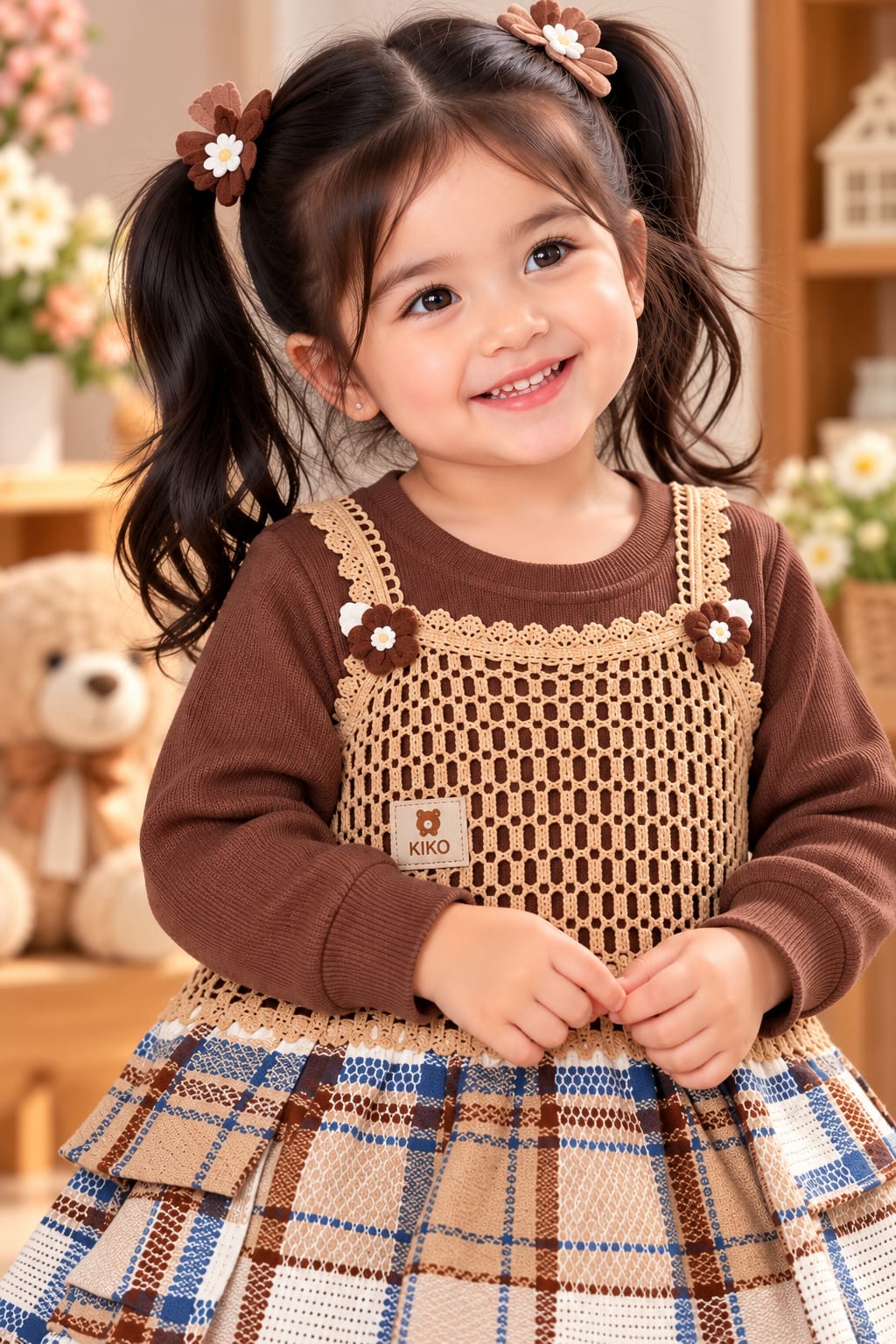 Girls' Brown Plaid Layered Crochet Dress & Leggings Two-Piece Set.
