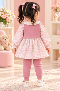 Girls' Pink Floral Tiered Vest Dress & Leggings Two-Piece Set.
