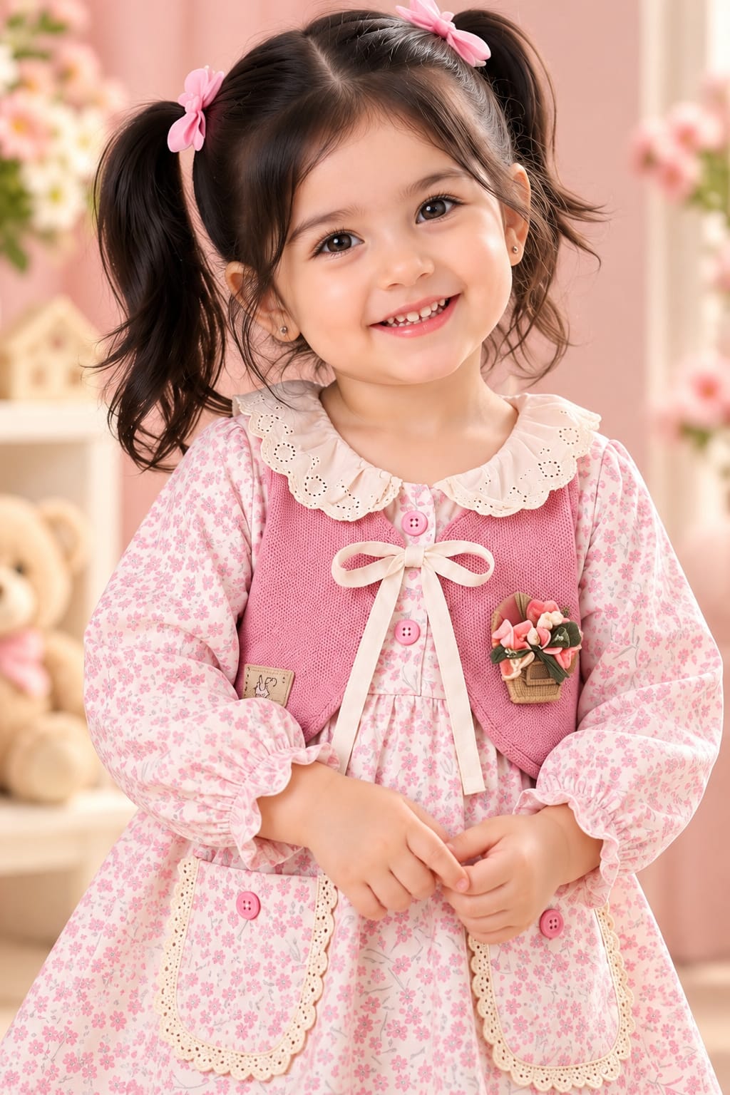 Girls' Pink Floral Tiered Vest Dress & Leggings Two-Piece Set.