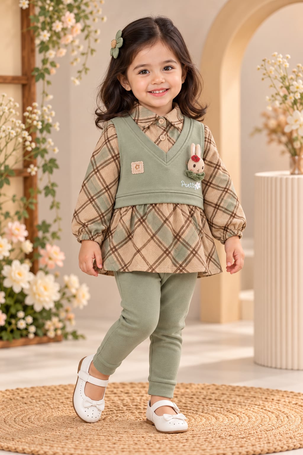 Girls' Sage Green Vest & Plaid Layered Dress Set with Leggings.