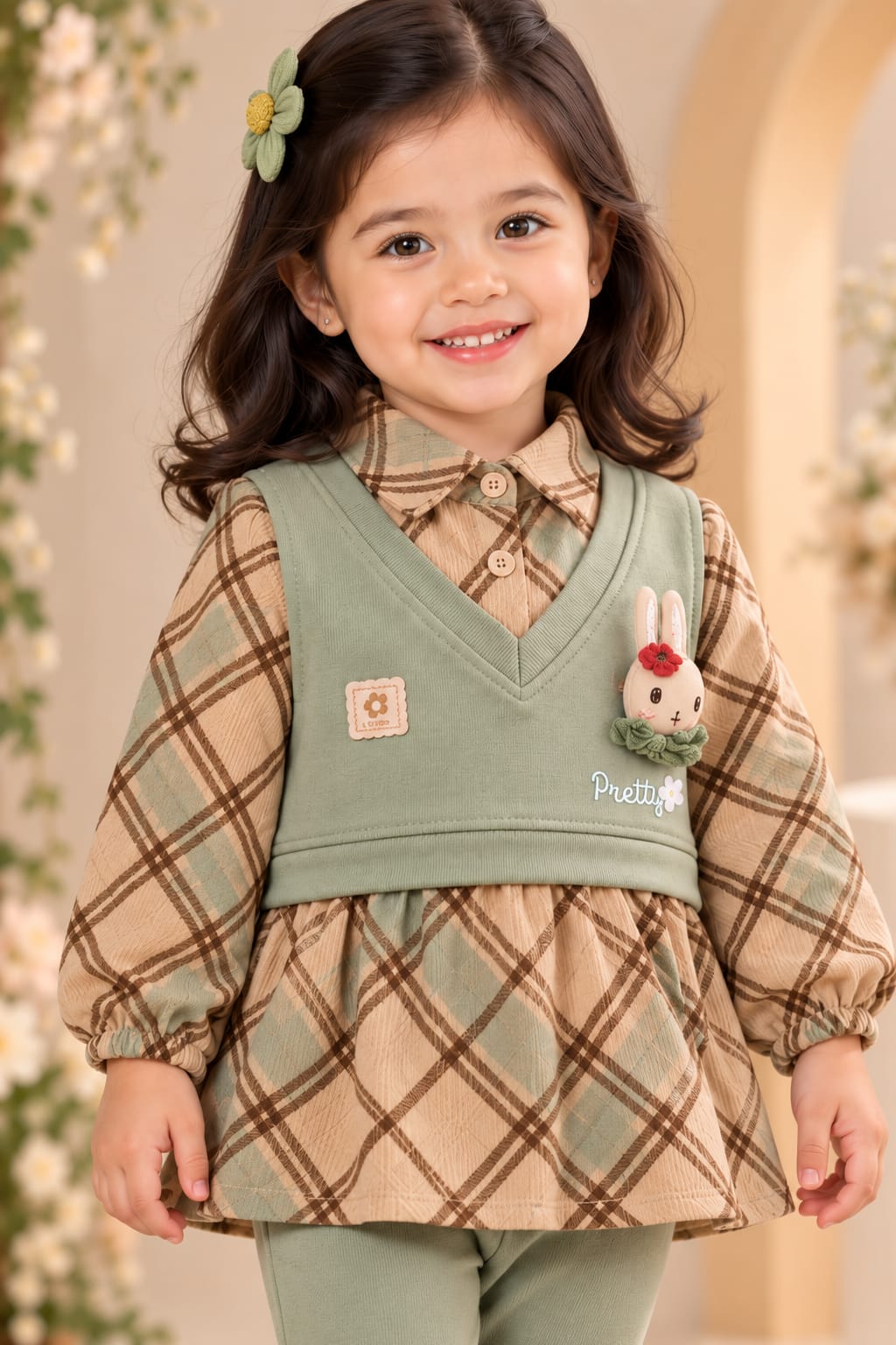 Girls' Sage Green Vest & Plaid Layered Dress Set with Leggings.