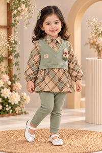 Girls' Sage Green Vest & Plaid Layered Dress Set with Leggings.