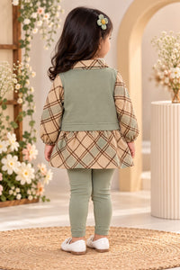 Girls' Sage Green Vest & Plaid Layered Dress Set with Leggings.