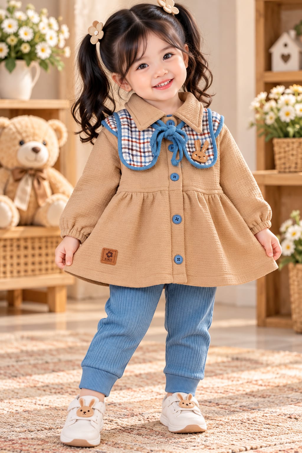 Girls' Beige Plaid-Capelet Peplum Dress & Blue Leggings Set.