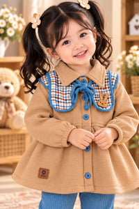 Girls' Beige Plaid-Capelet Peplum Dress & Blue Leggings Set.