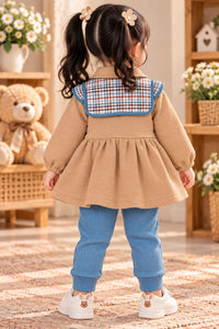 Girls' Beige Plaid-Capelet Peplum Dress & Blue Leggings Set.