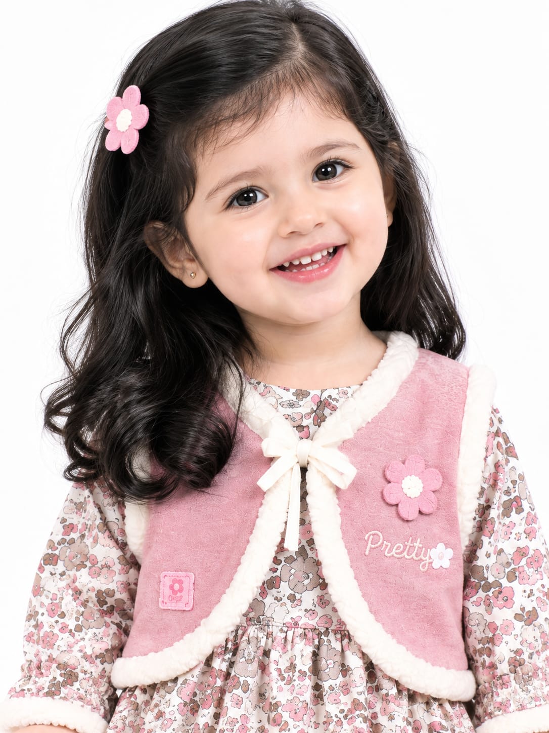 Girls' Dusty Pink Floral Fur-Trimmed Corduroy Vest Dress & Trousers Set.