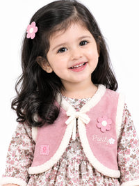 Girls' Dusty Pink Floral Fur-Trimmed Corduroy Vest Dress & Trousers Set.