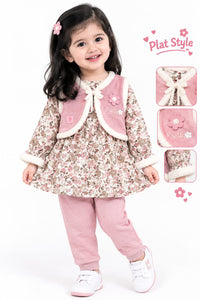 Girls' Dusty Pink Floral Fur-Trimmed Corduroy Vest Dress & Trousers Set.