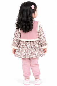 Girls' Dusty Pink Floral Fur-Trimmed Corduroy Vest Dress & Trousers Set.