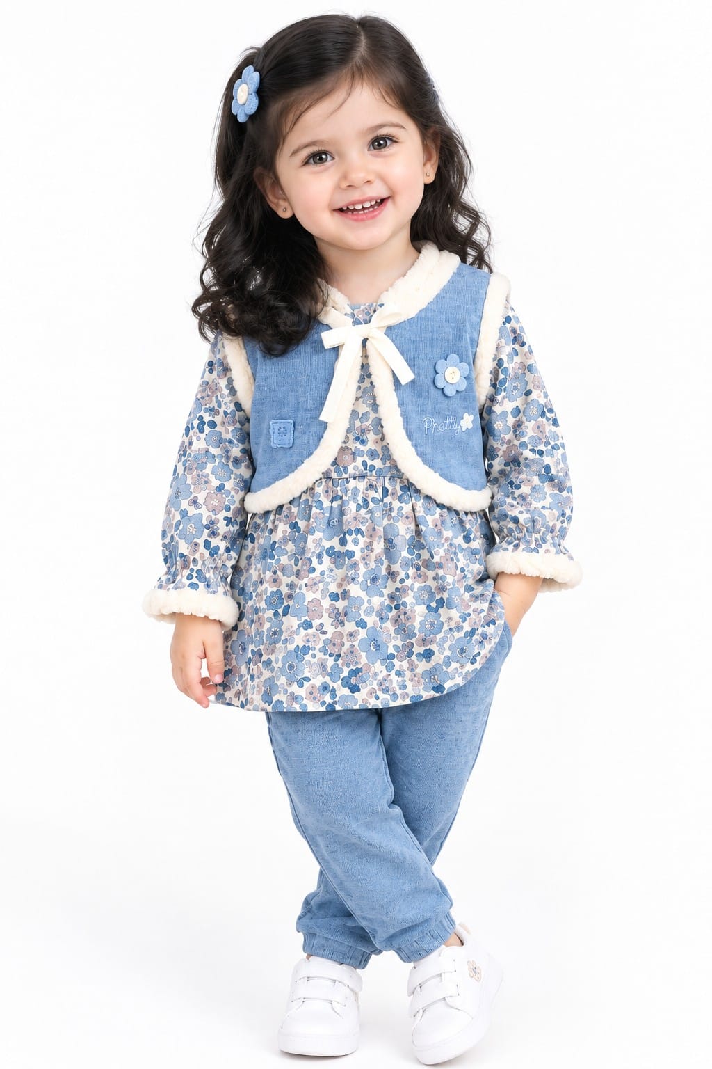 Girls' Blue Floral Fur-Trimmed Corduroy Vest Dress & Trousers Set.