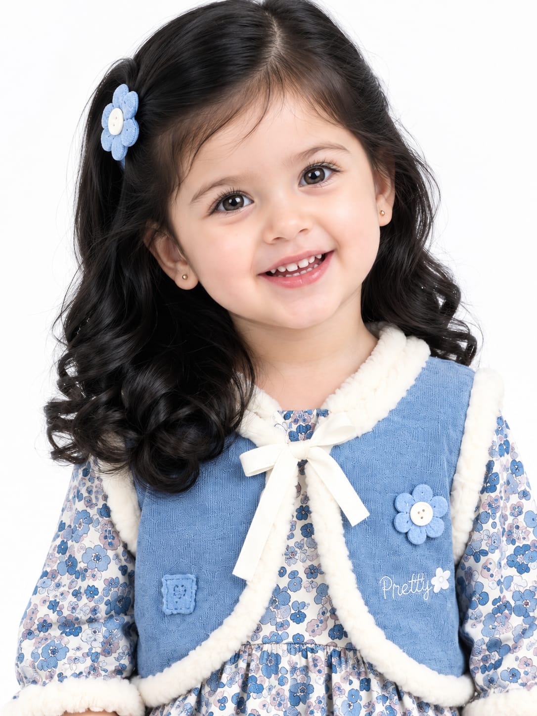Girls' Blue Floral Fur-Trimmed Corduroy Vest Dress & Trousers Set.