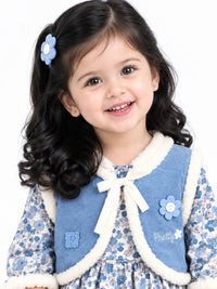 Girls' Blue Floral Fur-Trimmed Corduroy Vest Dress & Trousers Set.