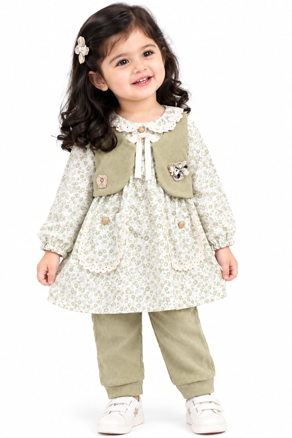 Girls' Sage Green Floral Corduroy Vest Dress & Trousers Set